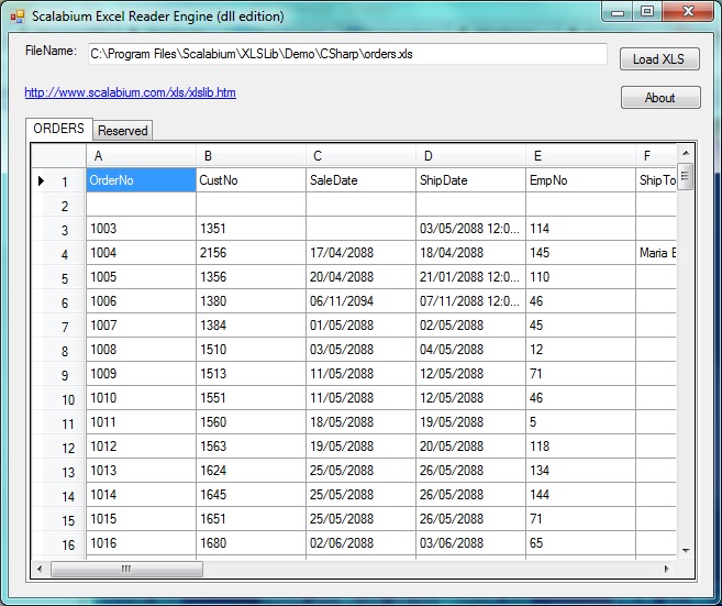 C# demo for Excel Reader engine