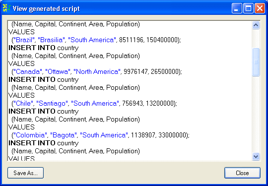 generated SQL with CREATE TABLE and INSERT statements