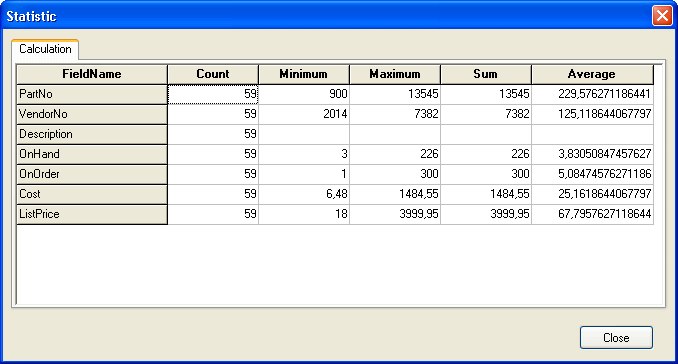 view statistic from loaded records (sum, count, average, min/max value etc)